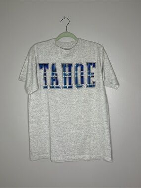 TAHOE Graphic Tee in Heather Gray with Blue Letters Size M/L